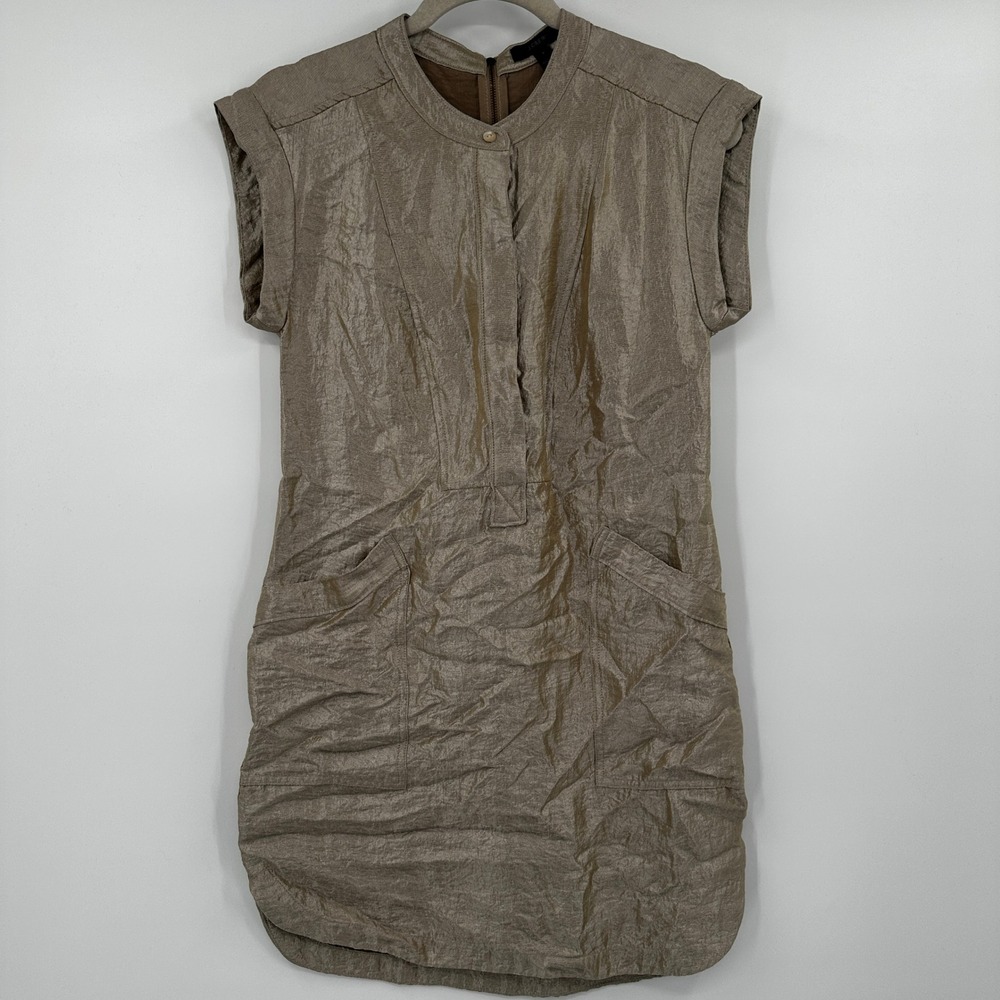 J Crew Shiny Gold Metallic Crinkle Texture Cap Sleeve Shift Dress Pockets Size 2